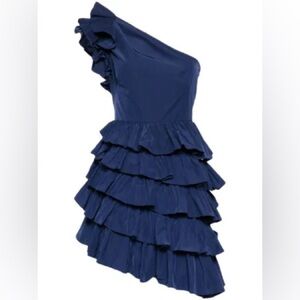 NWT MARCHESA NOTTE Elegant Navy One-Shoulder Ruffle Dress (4)